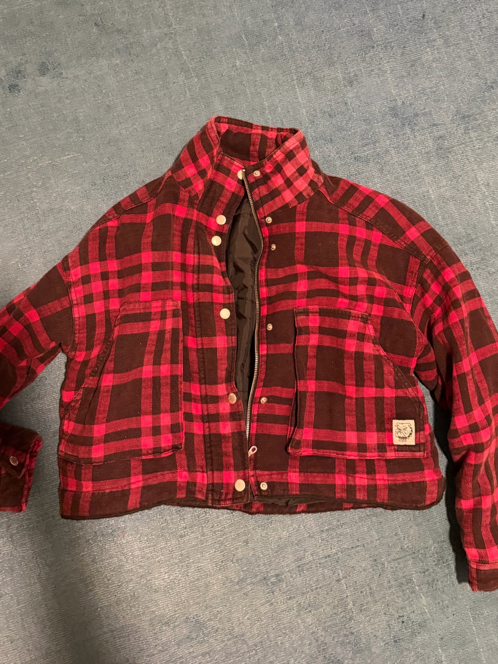 Urban Outfitters Red and Brown Plaid Snap-Front Jacket S
